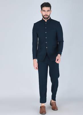 Teal green bandhgala with embroidered nehru jacket  for men 5