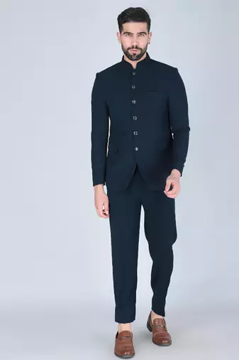 Teal green bandhgala with embroidered nehru jacket  for men