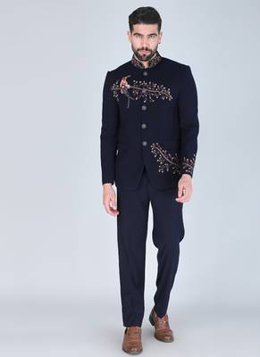 Navy embroidered bandhgala suit for men 1