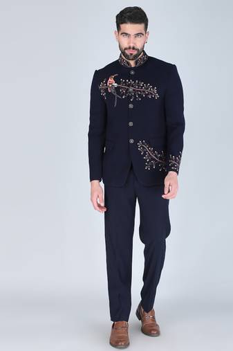 Navy embroidered bandhgala suit for men
