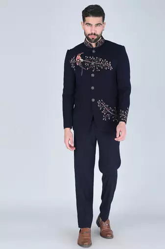 Navy embroidered bandhgala suit for men