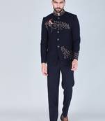 Navy embroidered bandhgala suit for men