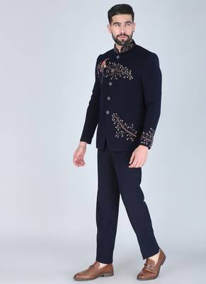 Navy embroidered bandhgala suit for men 2