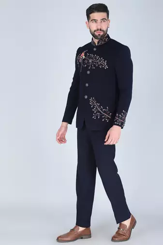 Navy embroidered bandhgala suit for men