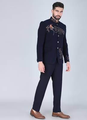 Navy embroidered bandhgala suit for men 3