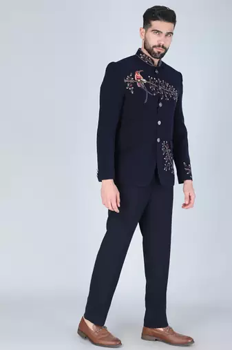 Navy embroidered bandhgala suit for men