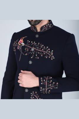 Navy embroidered bandhgala suit for men 5