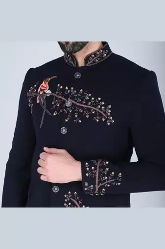 Navy embroidered bandhgala suit for men