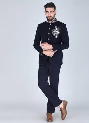 Navy bandhgala suit with embroidered motif for men 1
