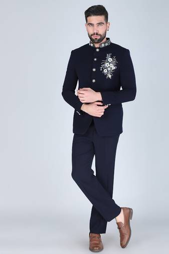 Navy bandhgala suit with embroidered motif for men