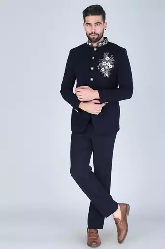 Navy bandhgala suit with embroidered motif for men