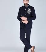 Navy bandhgala suit with embroidered motif for men