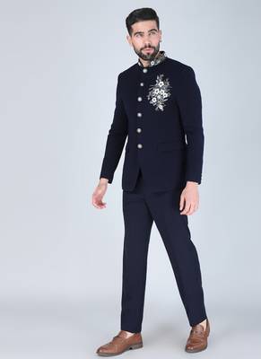 Navy bandhgala suit with embroidered motif for men 2