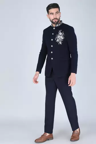 Navy bandhgala suit with embroidered motif for men