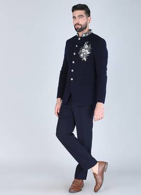 Navy bandhgala suit with embroidered motif for men 3