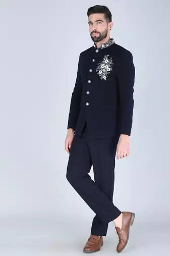 Navy bandhgala suit with embroidered motif for men