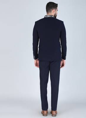 Navy bandhgala suit with embroidered motif for men 4