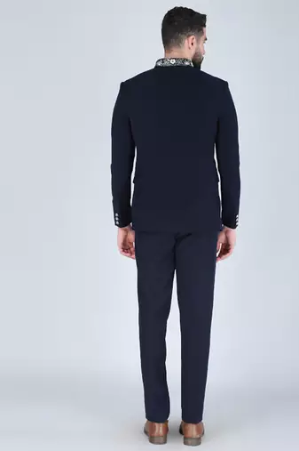 Navy bandhgala suit with embroidered motif for men