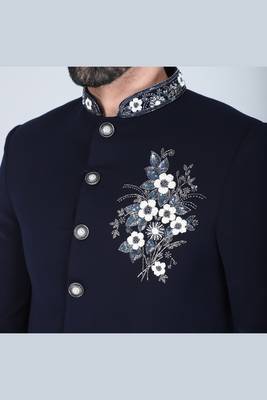 Navy bandhgala suit with embroidered motif for men 5