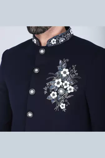 Navy bandhgala suit with embroidered motif for men