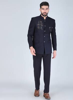 Navy embroidered bandhgala suit with pintex detailing 1