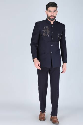 Navy embroidered bandhgala suit with pintex detailing