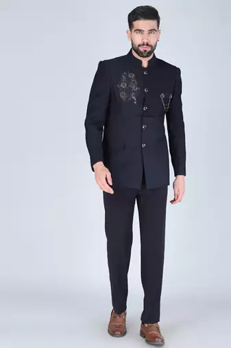 Navy embroidered bandhgala suit with pintex detailing