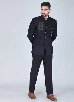 Navy embroidered bandhgala suit with pintex detailing 2
