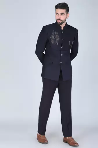 Navy embroidered bandhgala suit with pintex detailing
