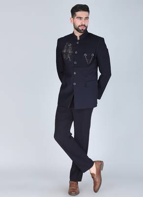 Navy embroidered bandhgala suit with pintex detailing 3