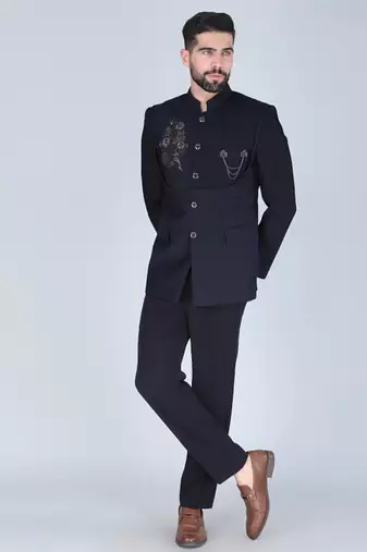 Navy embroidered bandhgala suit with pintex detailing