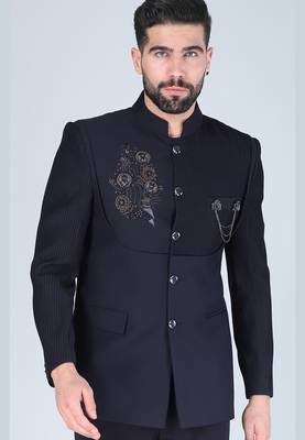 Navy embroidered bandhgala suit with pintex detailing 4