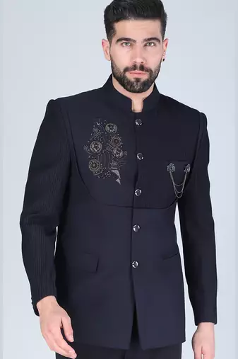 Navy embroidered bandhgala suit with pintex detailing