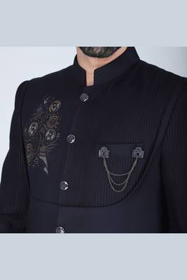 Navy embroidered bandhgala suit with pintex detailing 5