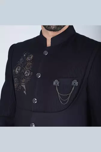 Navy embroidered bandhgala suit with pintex detailing
