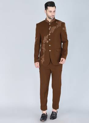 Brown embroidered bandhgala suit for men 1