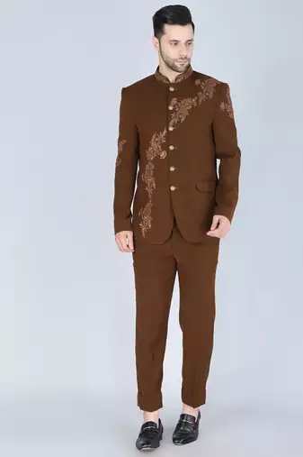 Brown embroidered bandhgala suit for men
