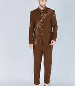 Brown embroidered bandhgala suit for men