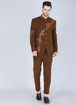 Brown embroidered bandhgala suit for men 2