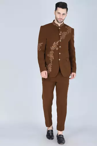 Brown embroidered bandhgala suit for men