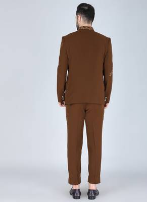 Brown embroidered bandhgala suit for men 3