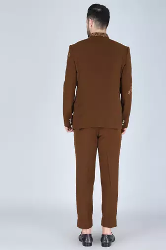 Brown embroidered bandhgala suit for men