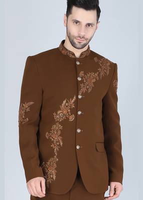Brown embroidered bandhgala suit for men 4
