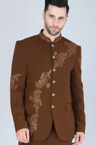 Brown embroidered bandhgala suit for men