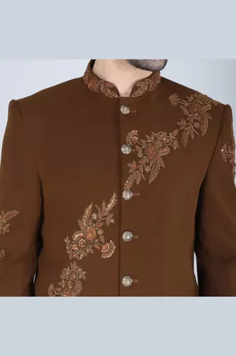 Brown embroidered bandhgala suit for men