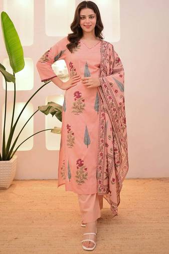 Peach Floral Printed Cotton Kurta Pant Set with Dupatta