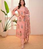 Peach Floral Printed Cotton Kurta Pant Set with Dupatta