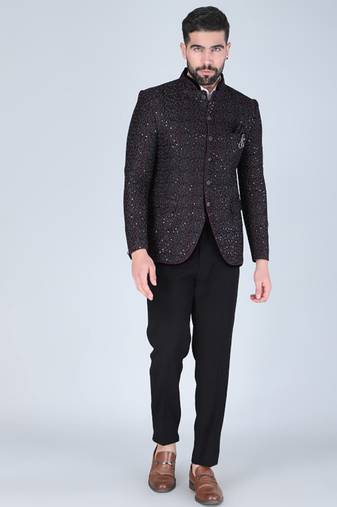 Black thread embroidered bandhgala suit for men