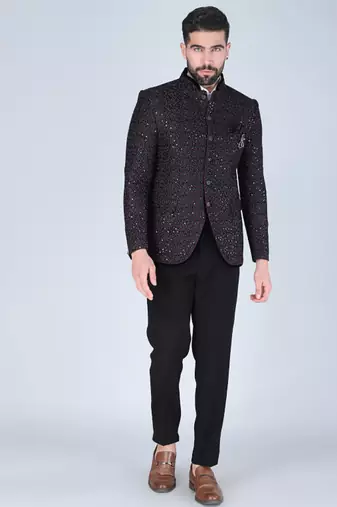 Black thread embroidered bandhgala suit for men