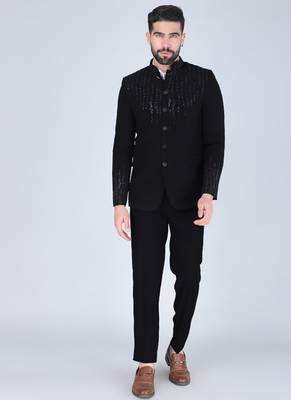 Black embroidered bandhgala suit for men 1